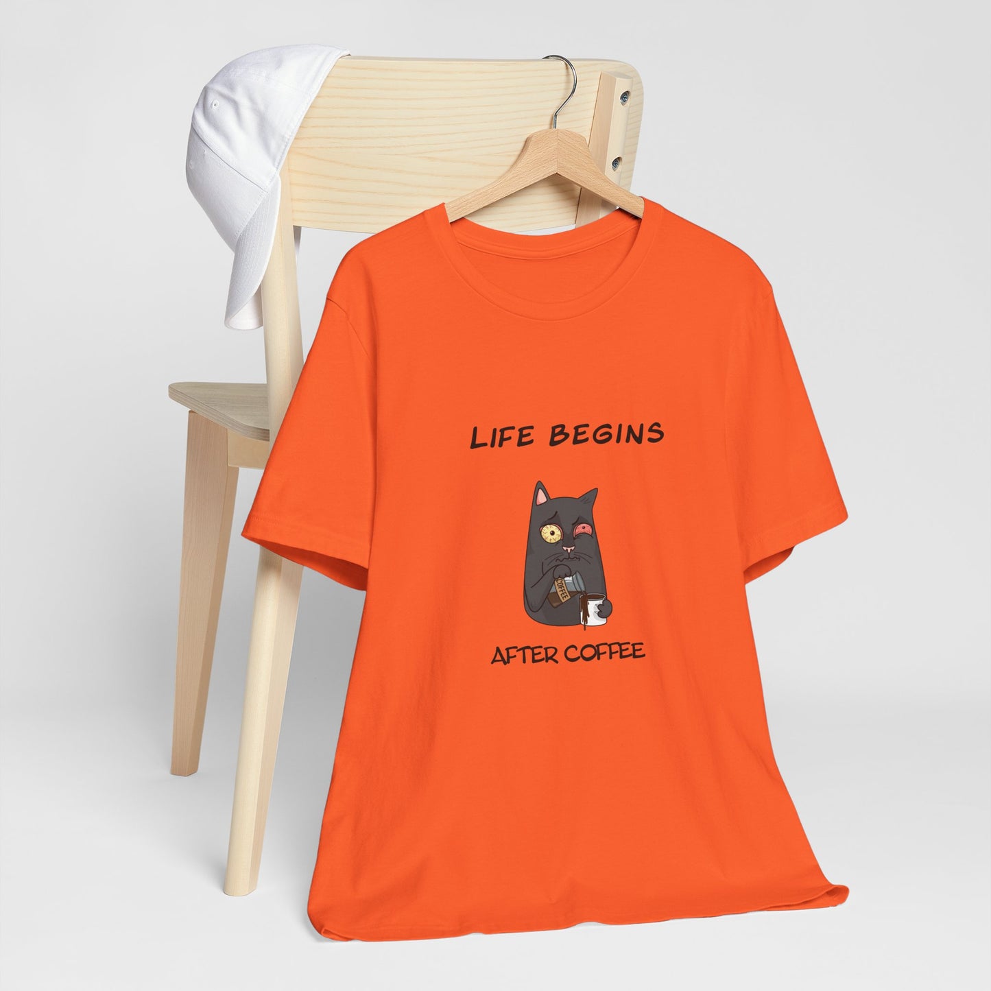 Luna The Cat. Life Begins After Coffee. Unisex Jersey Short Sleeve Tee