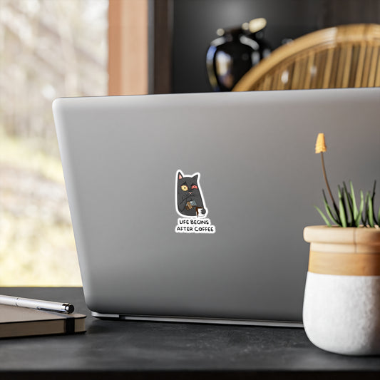 Luna The Cat. Life Begins After Coffee. Kiss-Cut Vinyl Decals