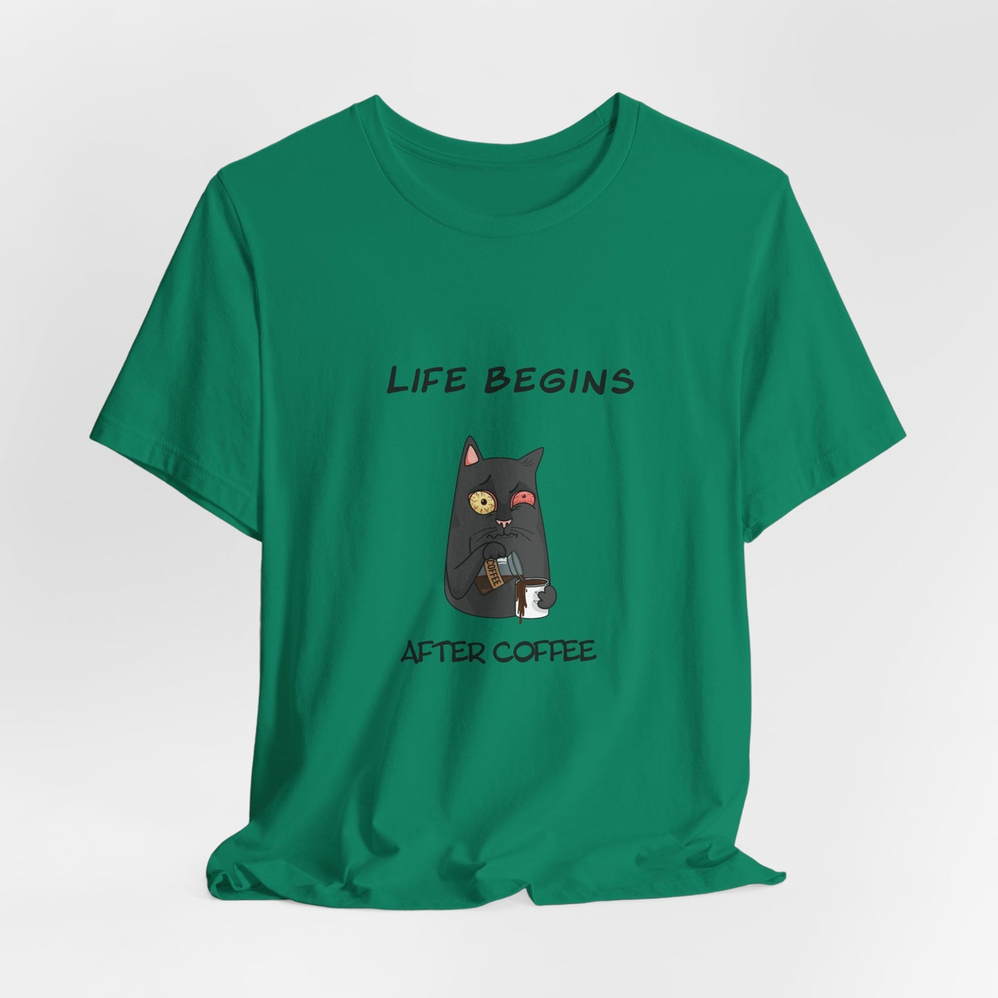 Luna The Cat. Life Begins After Coffee. Unisex Jersey Short Sleeve Tee