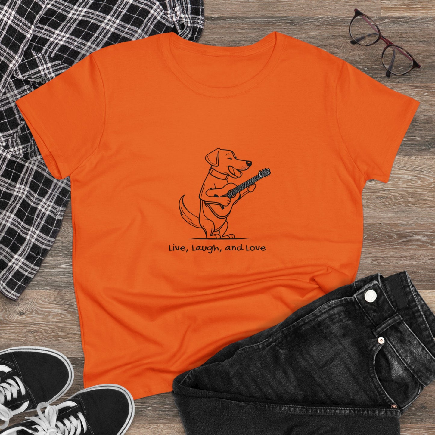 Dog With Guitar. Live, Laugh, and Love. Women's Midweight Cotton Tee