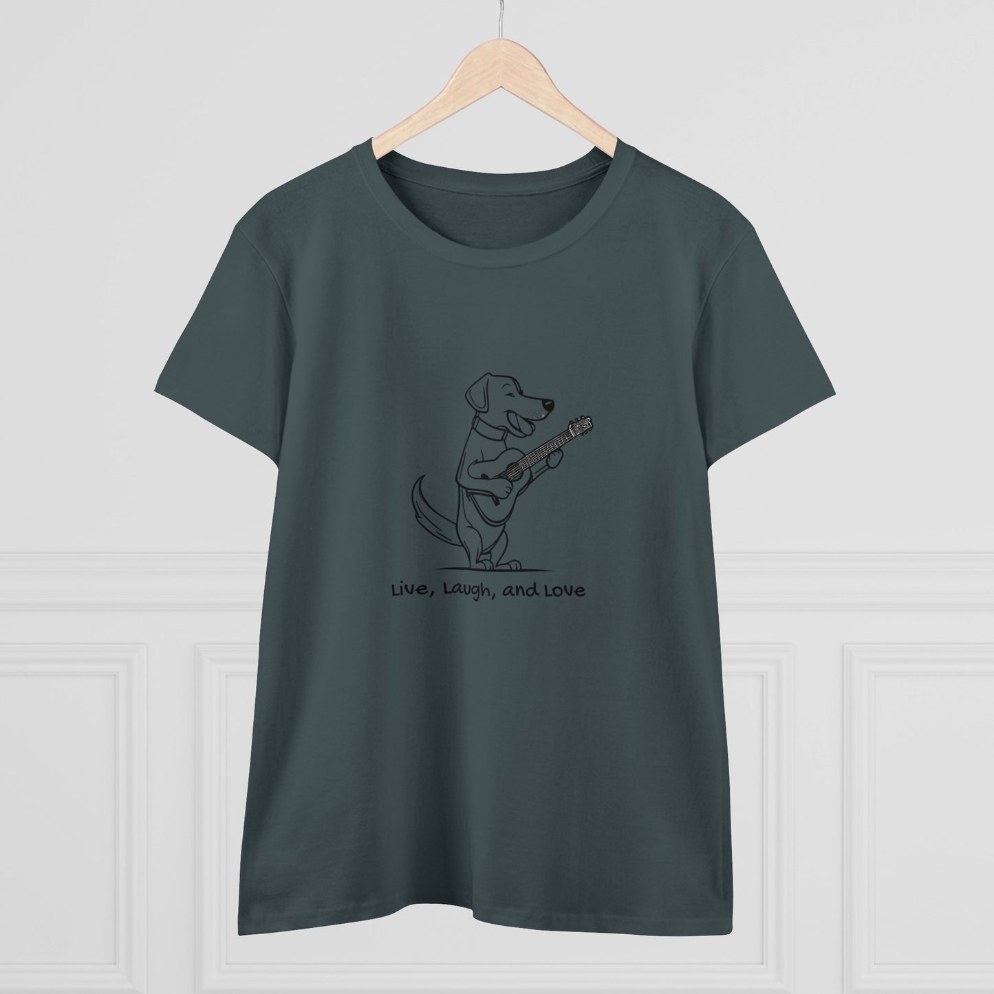 Dog With Guitar. Live, Laugh, and Love. Women's Midweight Cotton Tee