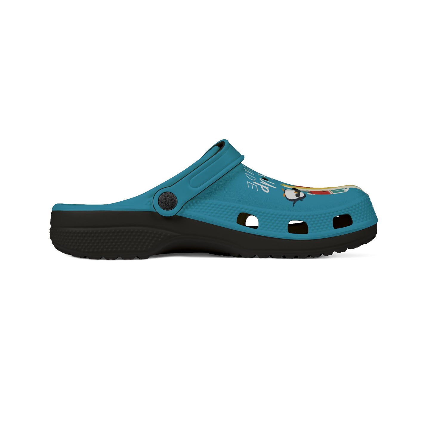Turquoise Surfs Up Dude Graphic Rubber Clogs for Men