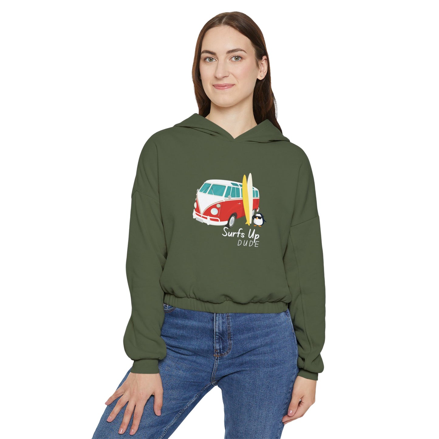 Surf's Up Dude. Women's Cinched Bottom Hoodie