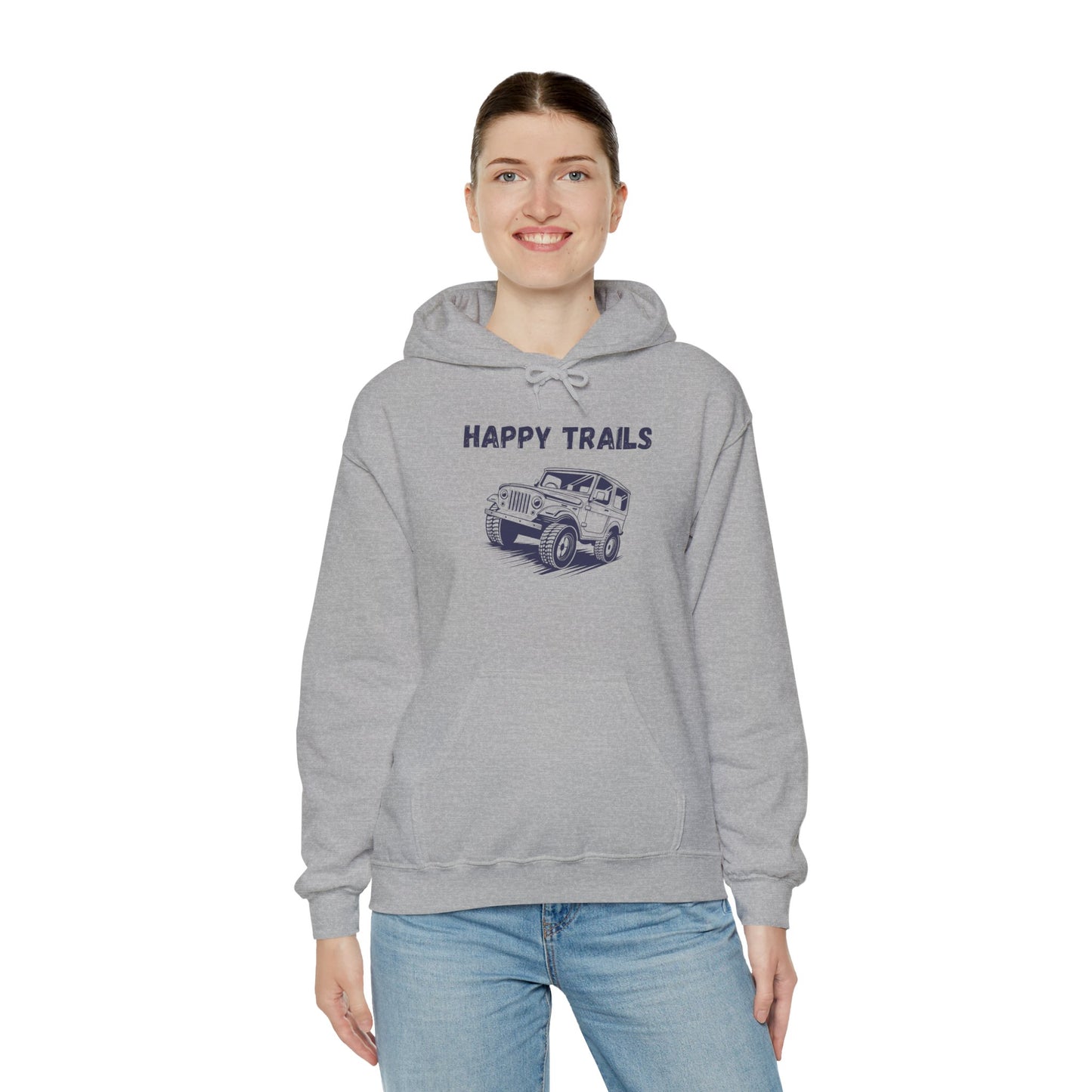 Happy Trails Unisex Hooded Sweatshirt, Cozy Outdoor Hoodie, Perfect Gift for Adventurers, Casual Wear, Great for Road Trips