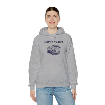 Happy Trails Unisex Hooded Sweatshirt, Cozy Outdoor Hoodie, Perfect Gift for Adventurers, Casual Wear, Great for Road Trips