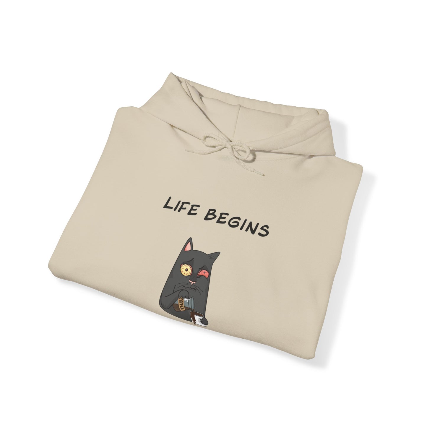 Luna The Cat. Life Begins After Coffee. Unisex Heavy Blend™ Hooded Sweatshirt