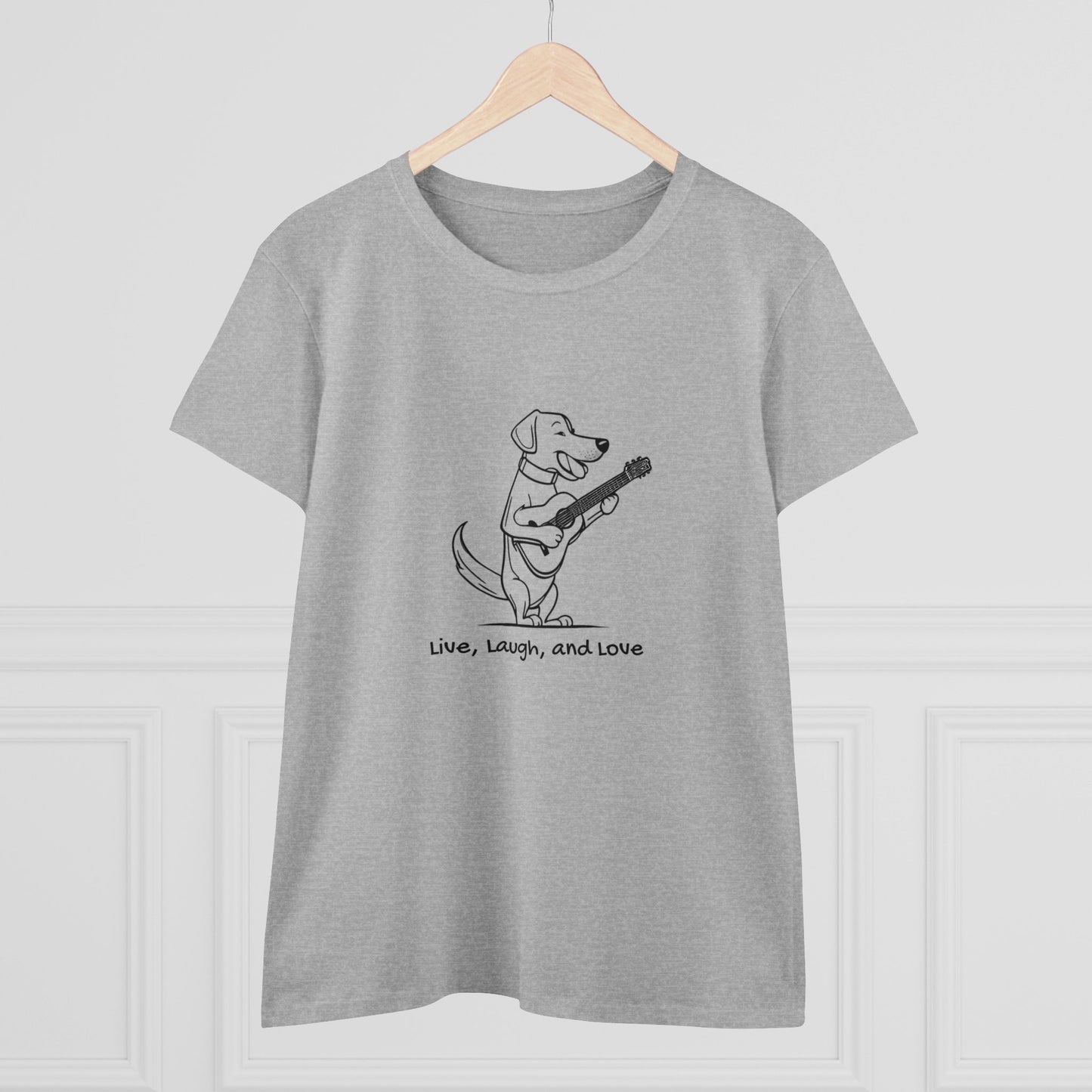 Dog With Guitar. Live, Laugh, and Love. Women's Midweight Cotton Tee