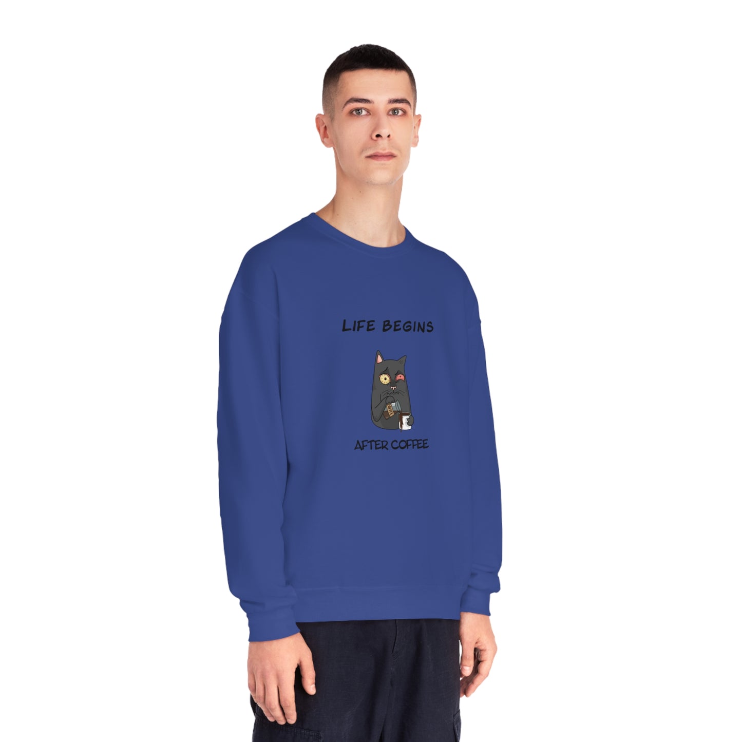 Luna The Cat. Life Begins After Coffee. Unisex NuBlend® Crewneck Sweatshirt