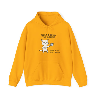 Cat Drinking Coffee To Kick Start The day and Do Things. Unisex Heavy Blend™ Hooded Sweatshirt