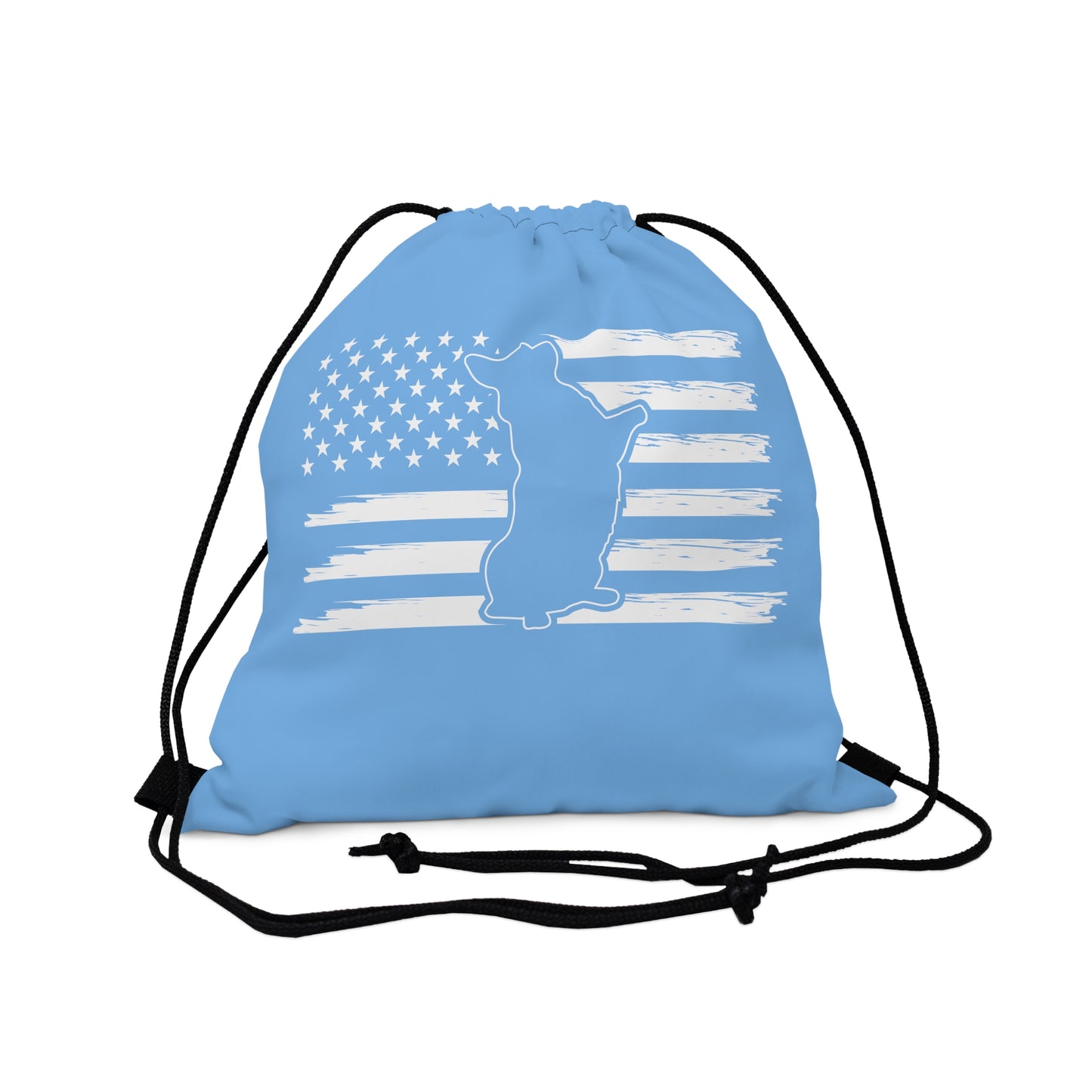 Charlie The American Flag Dog. Light Blue Outdoor Drawstring Bag