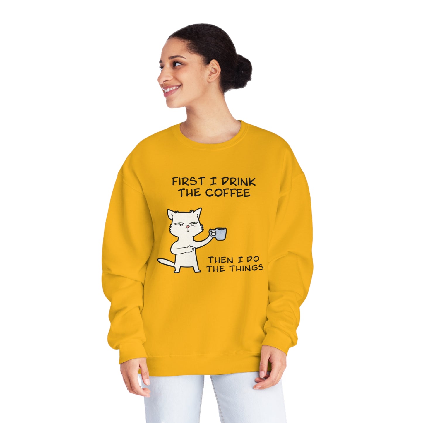 Cat Drinking Coffee To Kick Start The day and Do Things. Unisex NuBlend® Crewneck Sweatshirt