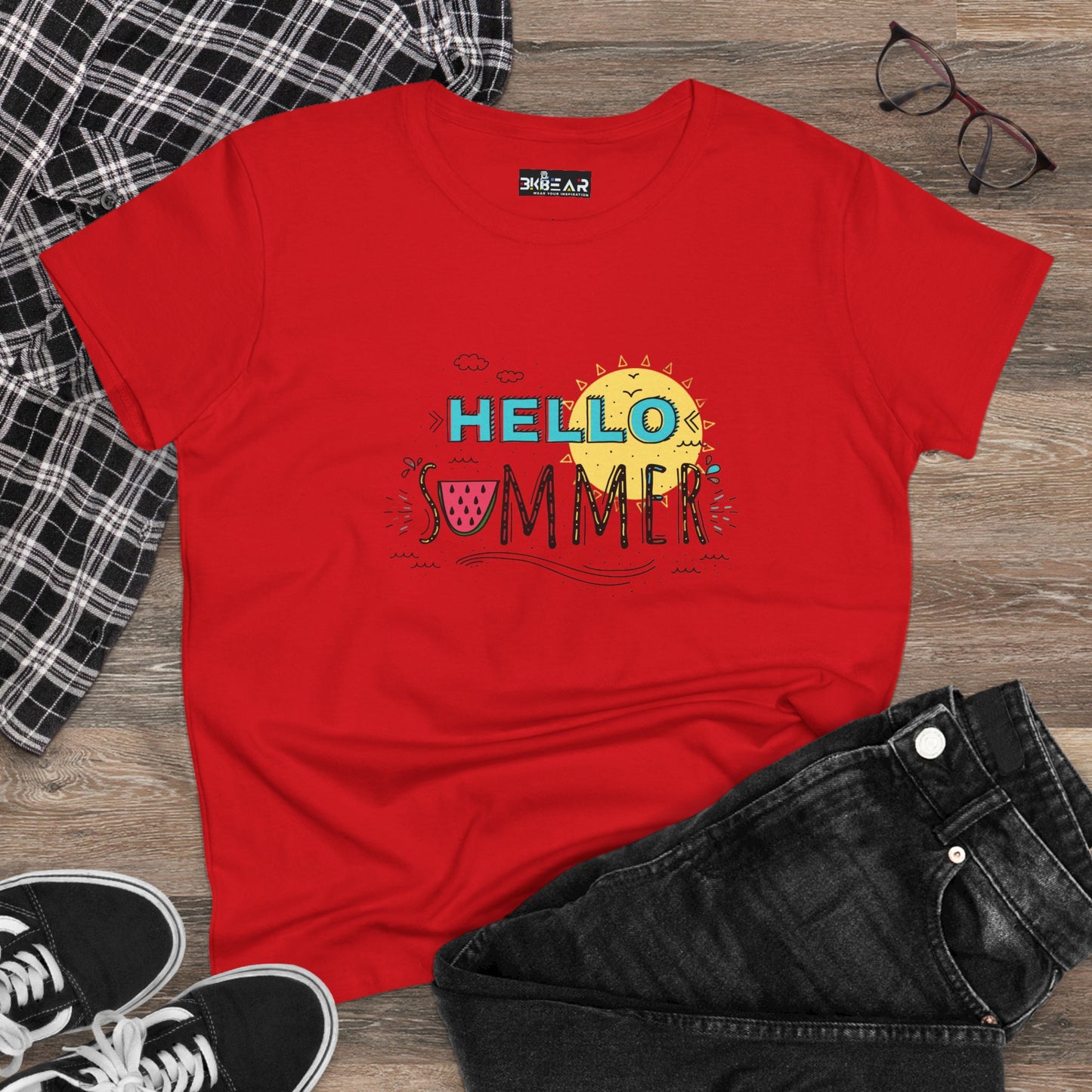 Hello Summer Women’s Midweight Graphic Tee – Sunshine Vibes, Soft Cotton
