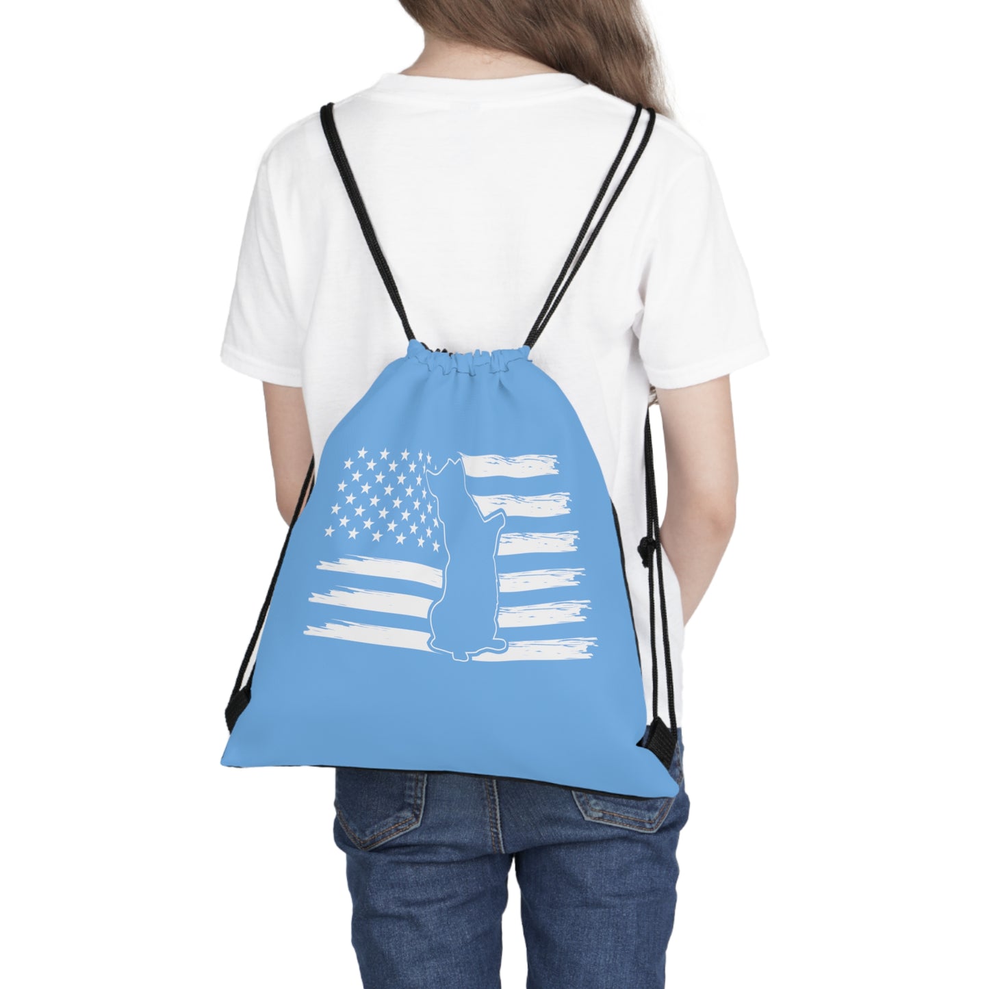 Charlie The American Flag Dog. Light Blue Outdoor Drawstring Bag