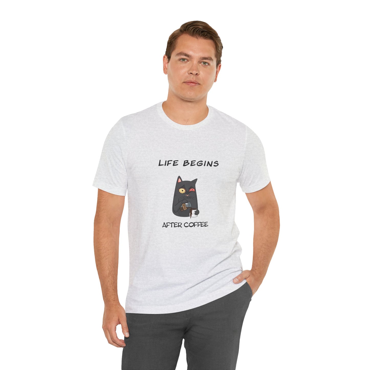 Luna The Cat. Life Begins After Coffee. Unisex Jersey Short Sleeve Tee