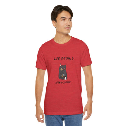Luna The Cat. Life Begins After Coffee. Unisex Jersey Short Sleeve Tee