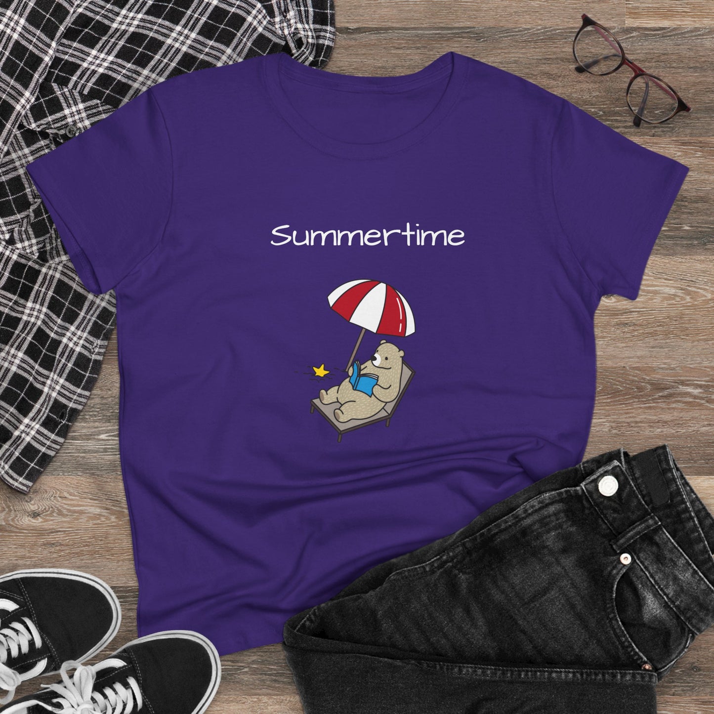 Summertime Bear Graphic Tee - Women’s Midweight Cotton T-Shirt | Eco-Friendly
