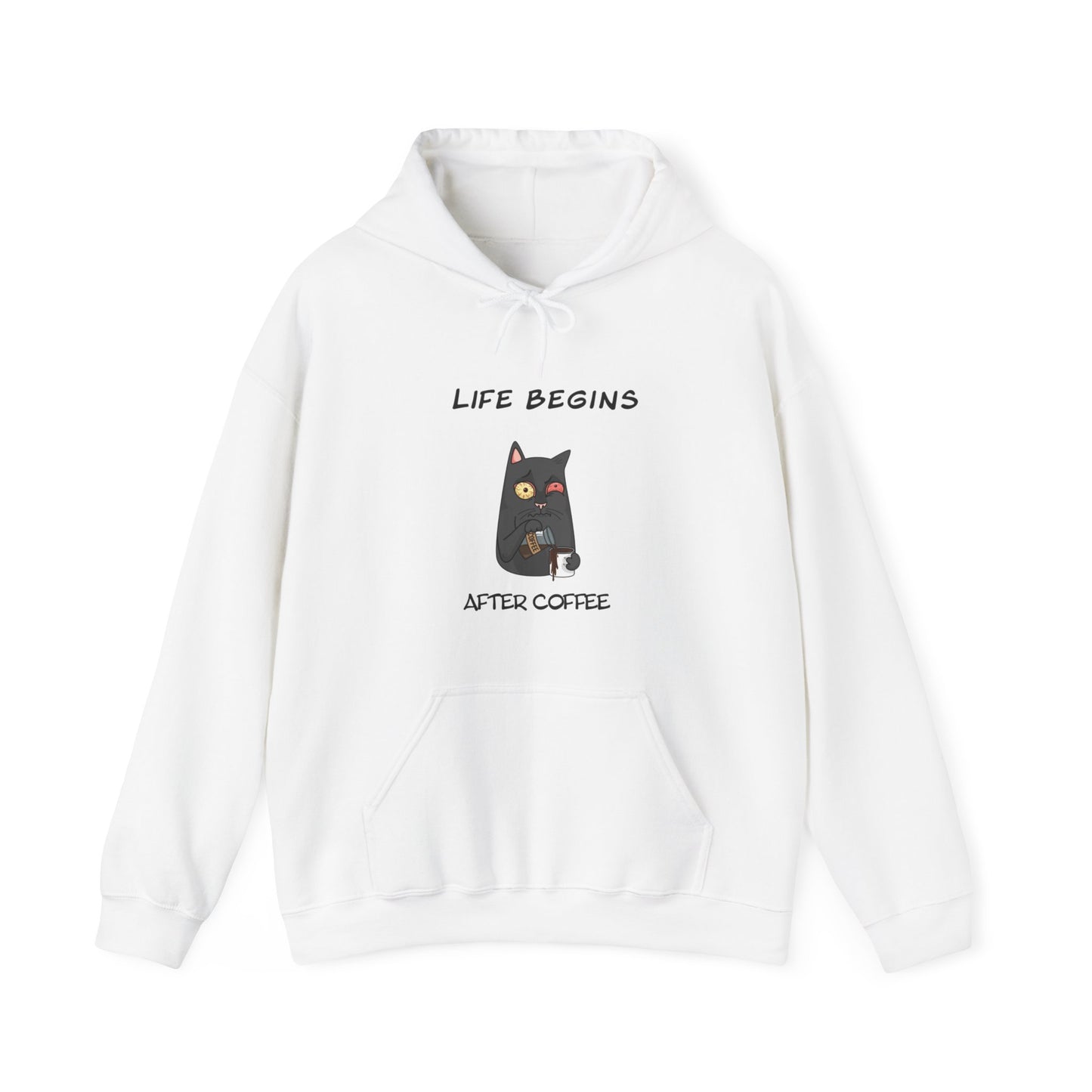 Luna The Cat. Life Begins After Coffee. Unisex Heavy Blend™ Hooded Sweatshirt