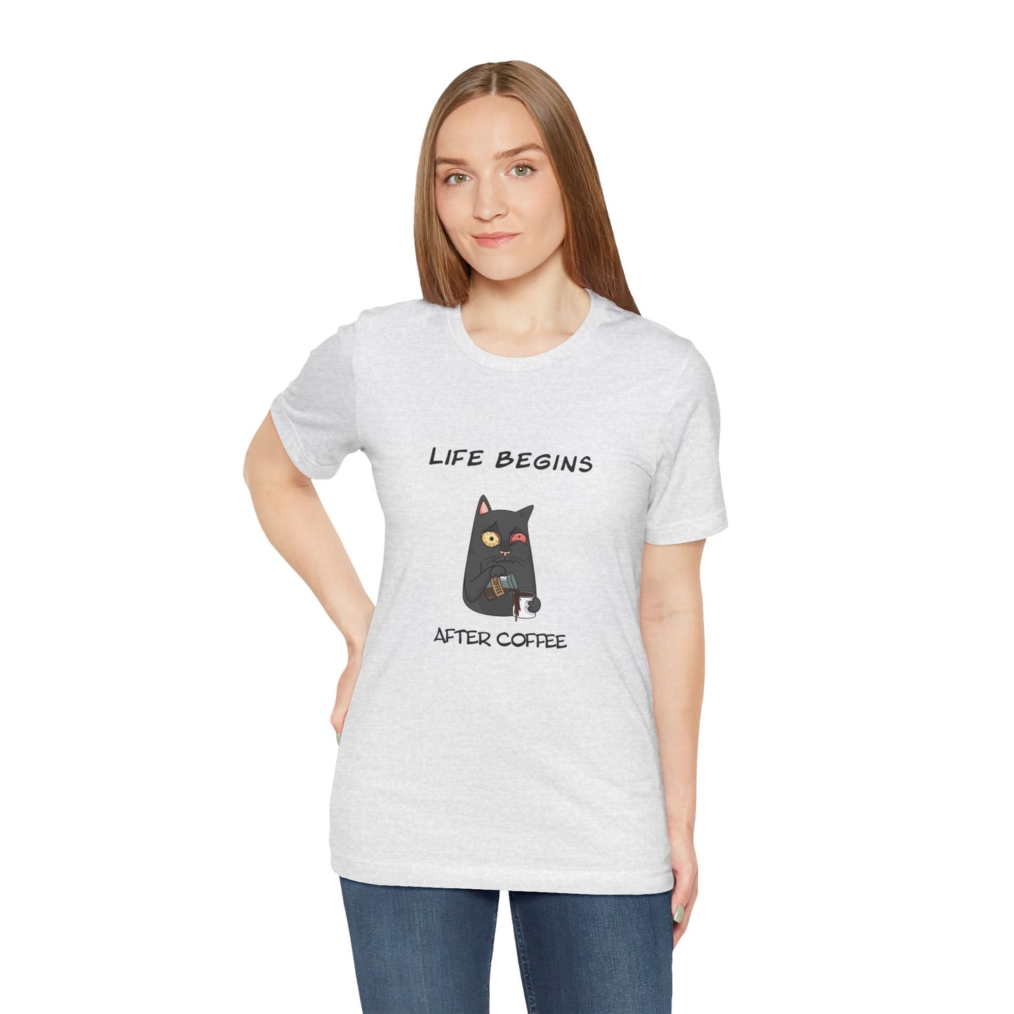 Luna The Cat. Life Begins After Coffee. Unisex Jersey Short Sleeve Tee