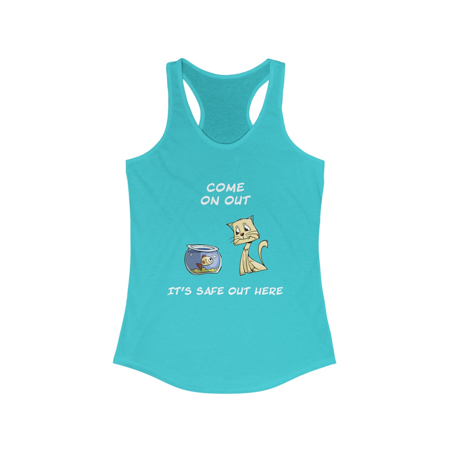 Kitty Cat Trying To Trick The Fish To Come Out. Women's Ideal Racerback Tank