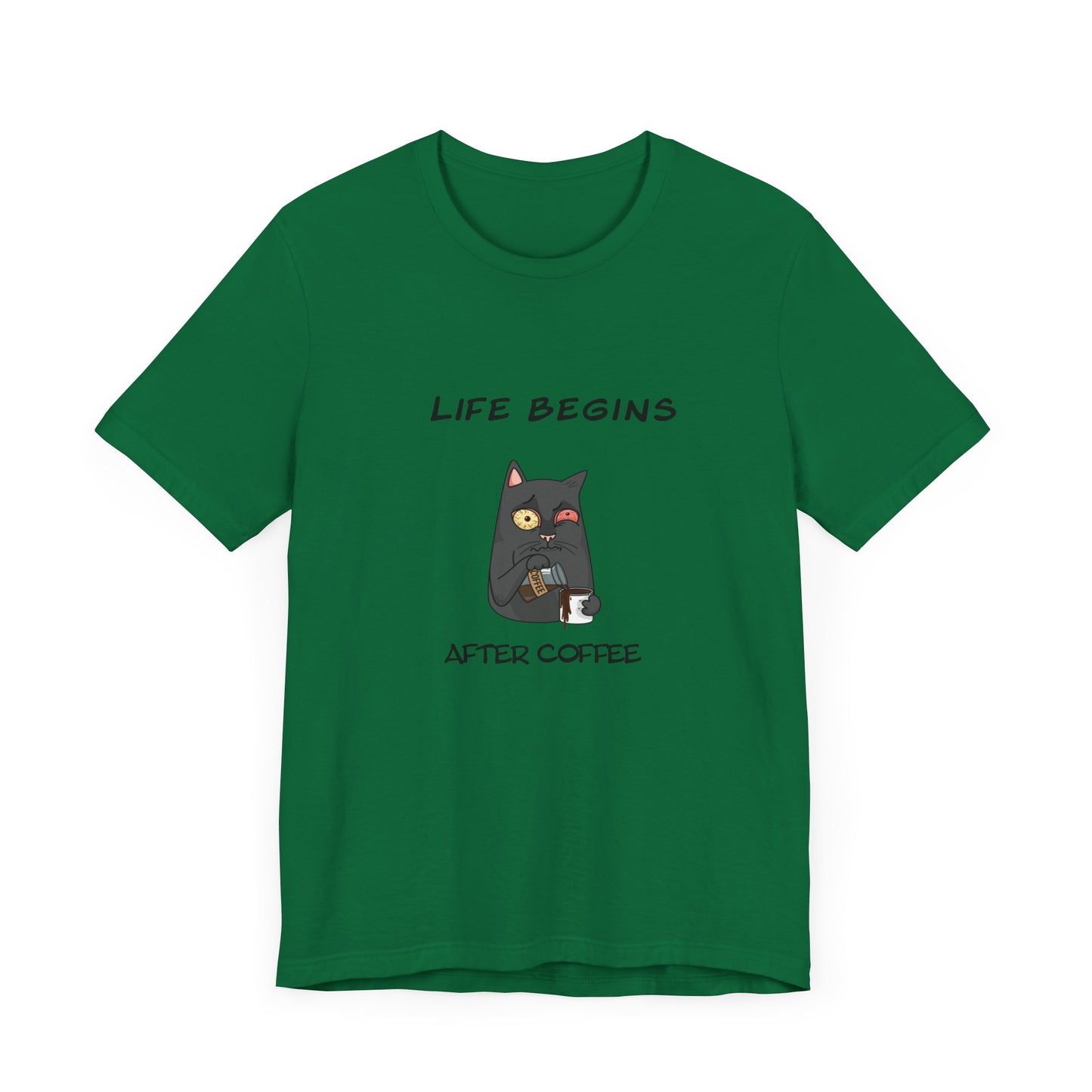 Luna The Cat. Life Begins After Coffee. Unisex Jersey Short Sleeve Tee