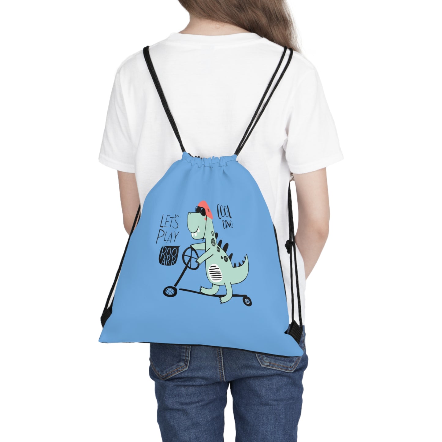 Cool Skateboarding Kid Dino. Outdoor Drawstring Bag