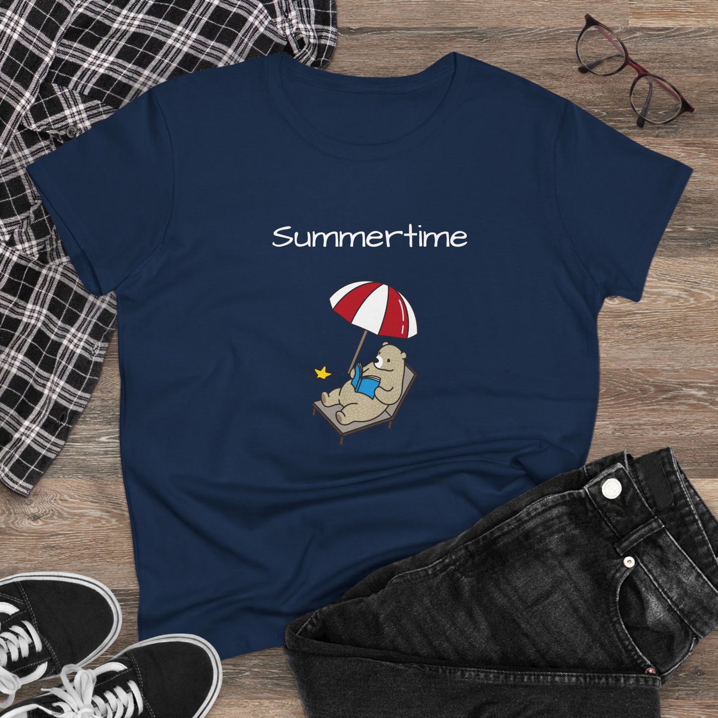 Summertime Bear Graphic Tee - Women’s Midweight Cotton T-Shirt | Eco-Friendly