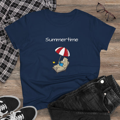 Summertime Bear Graphic Tee - Women’s Midweight Cotton T-Shirt | Eco-Friendly