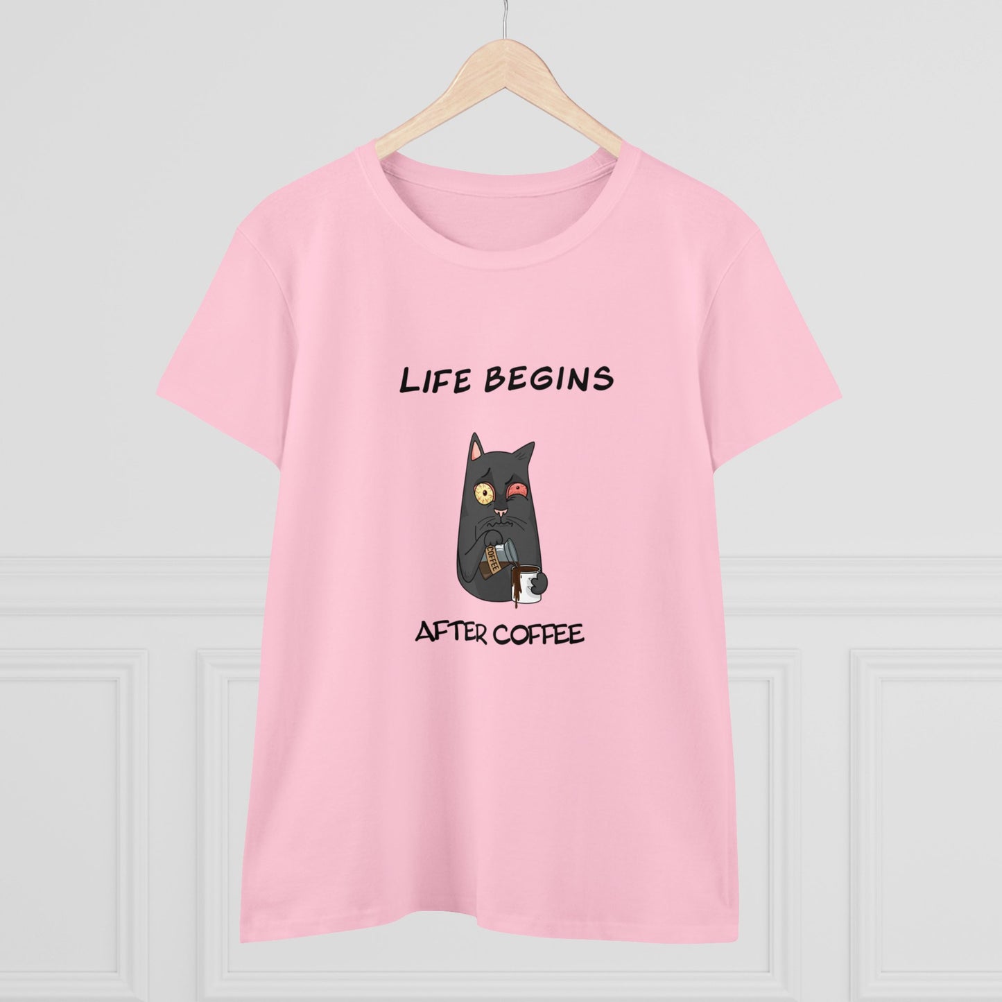 Luna The Cat. Life Begins After Coffee. Women's Midweight Cotton Tee