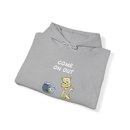 Kitty Cat Trying To Trick The Fish To Come Out.  Unisex Hooded Sweatshirt.