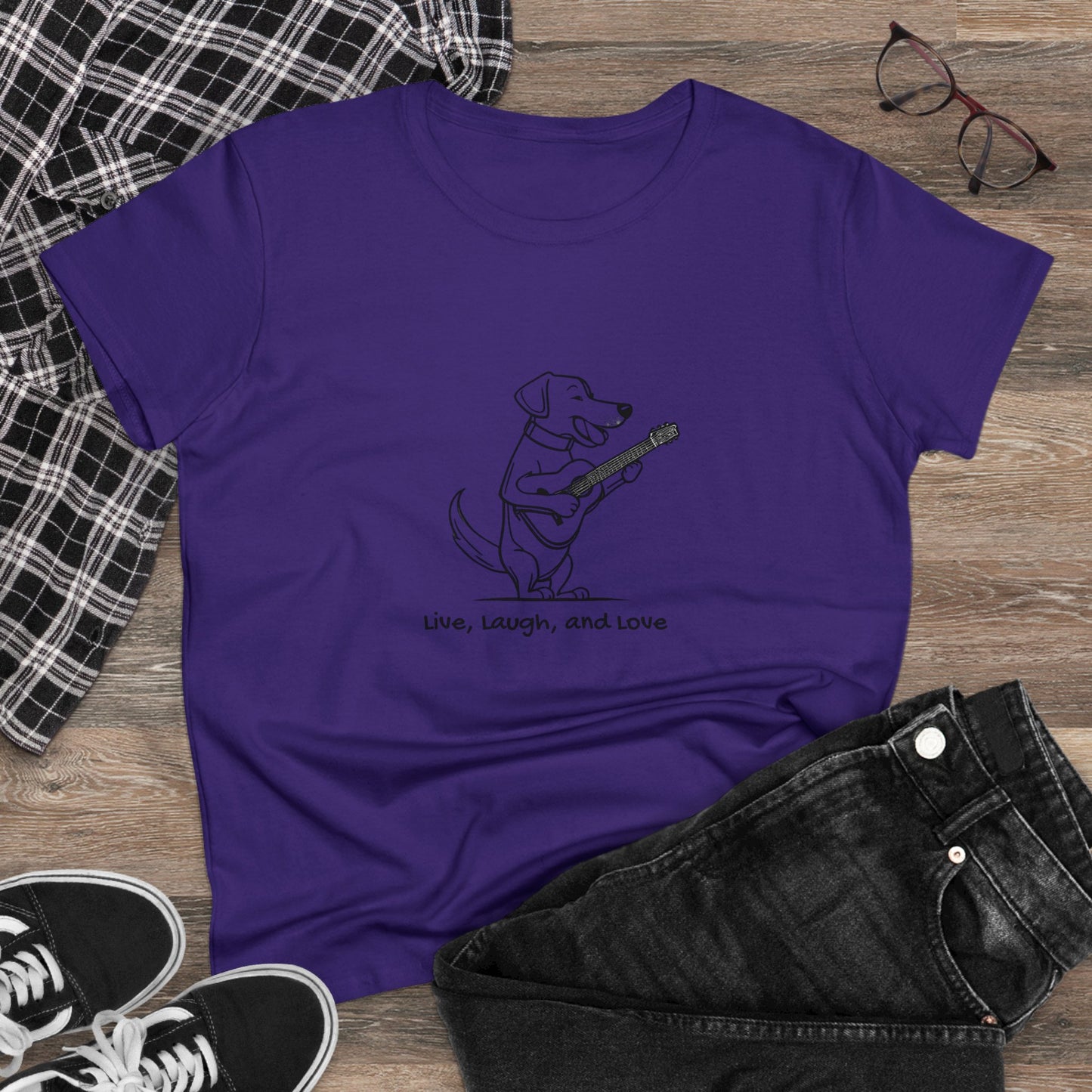 Dog With Guitar. Live, Laugh, and Love. Women's Midweight Cotton Tee