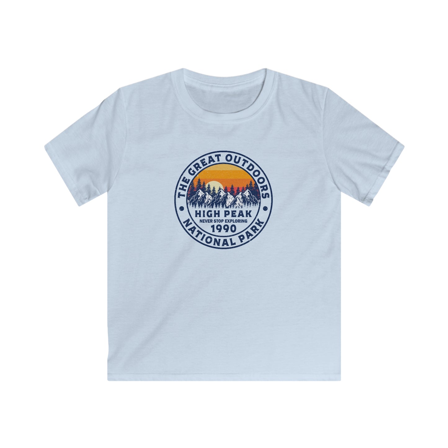 Never Stop Exploring. High Peak National Park. Kids Softstyle Tee