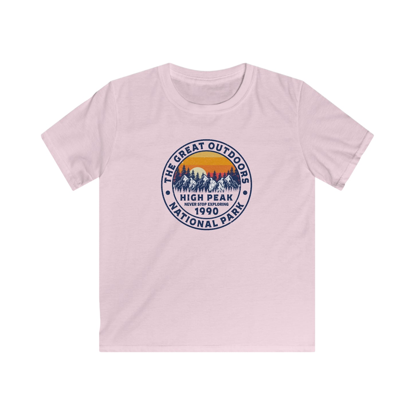 Never Stop Exploring. High Peak National Park. Kids Softstyle Tee