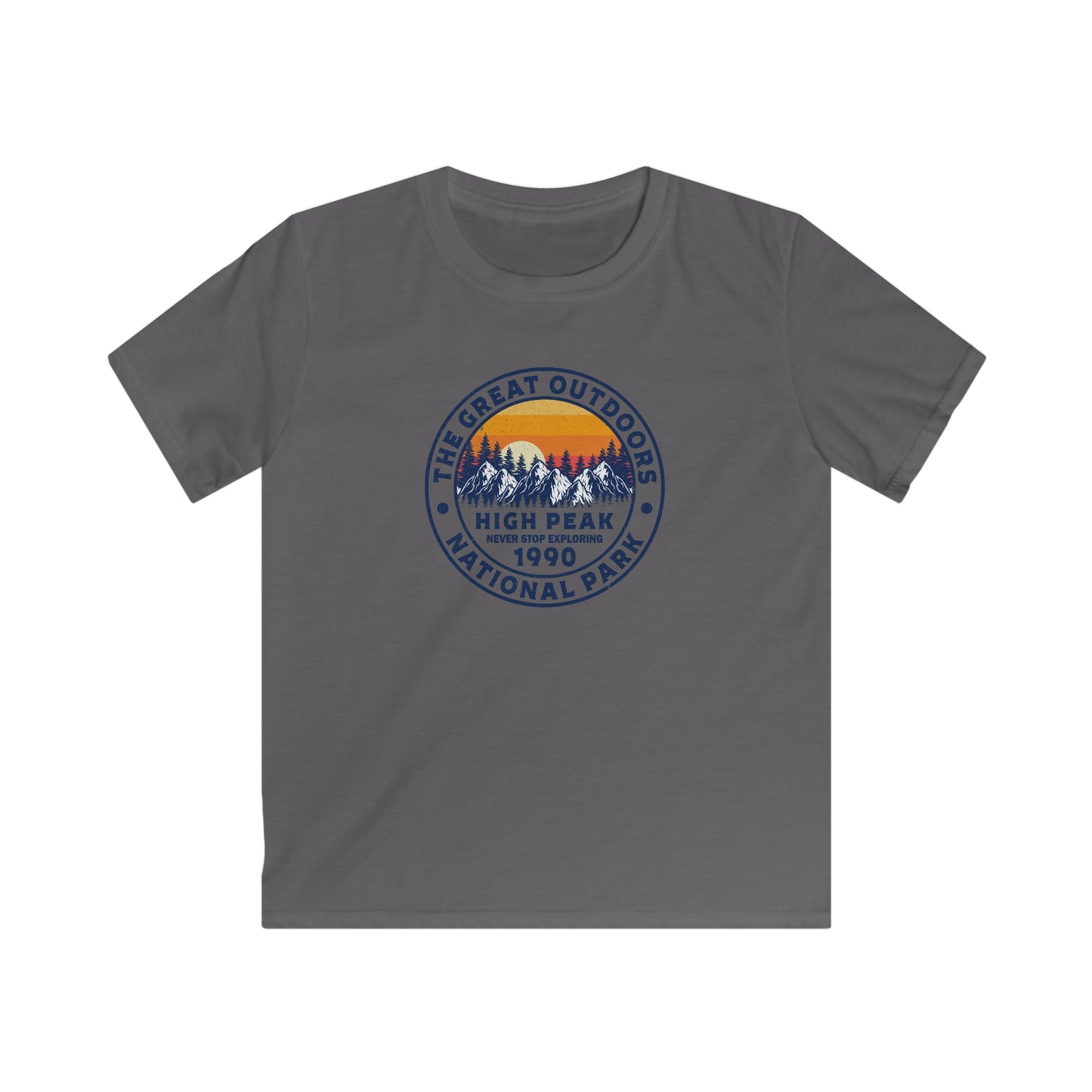 Never Stop Exploring. High Peak National Park. Kids Softstyle Tee