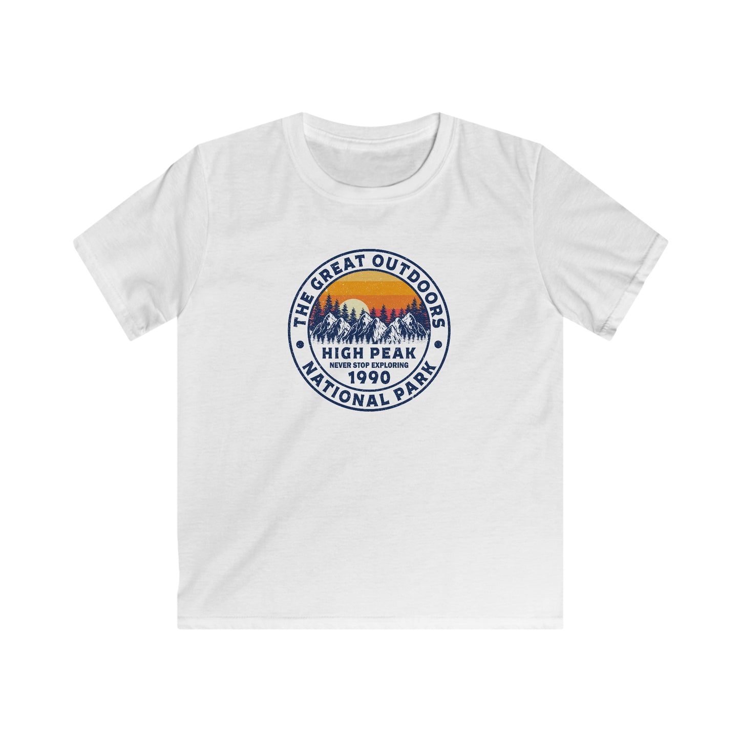 Never Stop Exploring. High Peak National Park. Kids Softstyle Tee