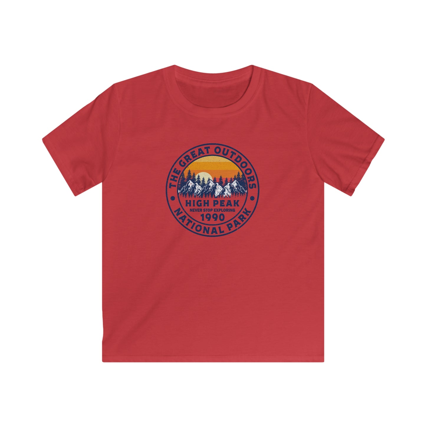 Never Stop Exploring. High Peak National Park. Kids Softstyle Tee