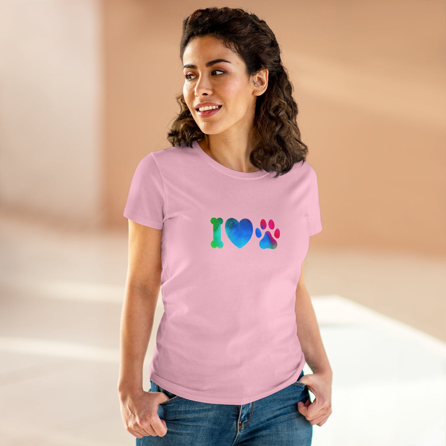 I ♥ Paws Women’s Midweight Cotton Tee – Animal Lover Graphic T-Shirt