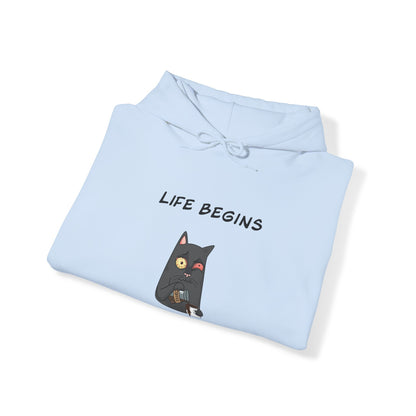 Luna The Cat. Life Begins After Coffee. Unisex Heavy Blend™ Hooded Sweatshirt