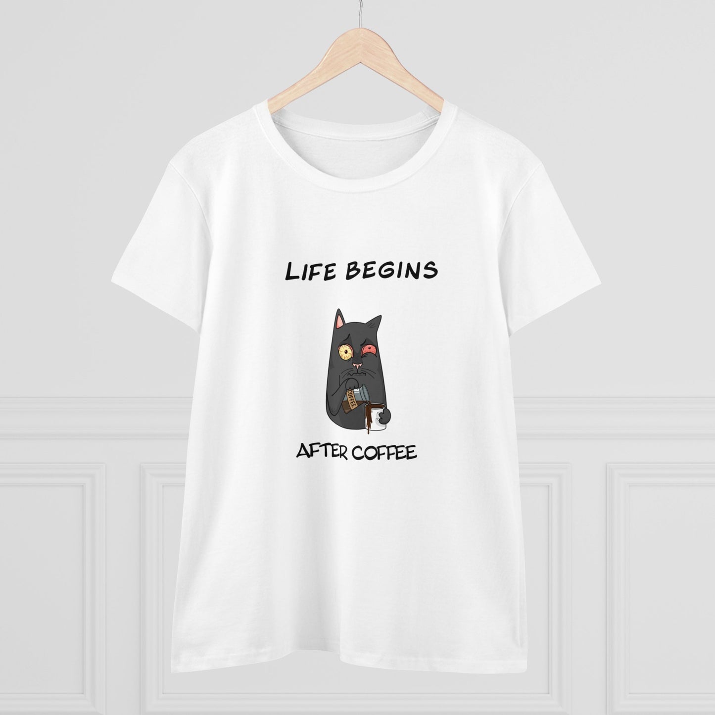 Luna The Cat. Life Begins After Coffee. Women's Midweight Cotton Tee