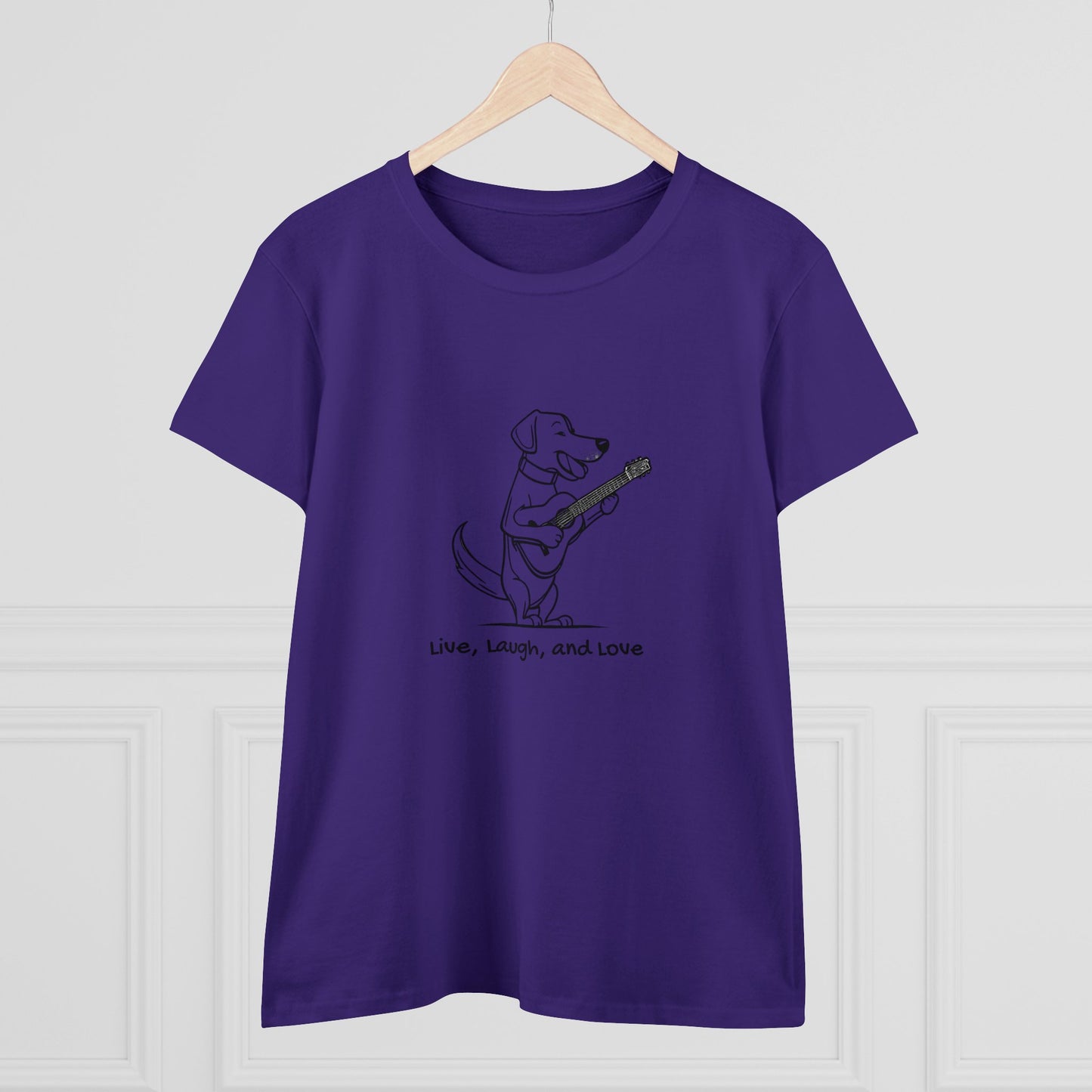 Dog With Guitar. Live, Laugh, and Love. Women's Midweight Cotton Tee