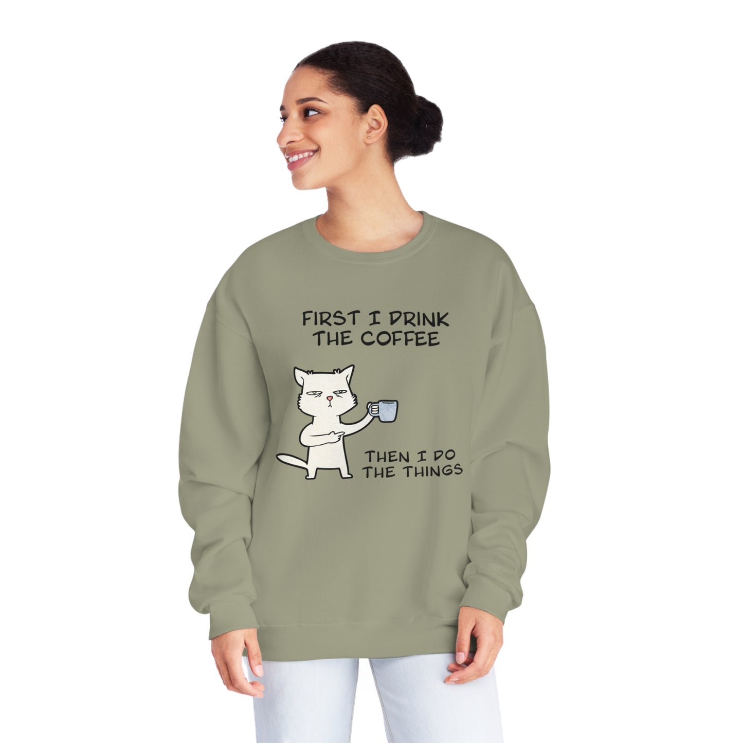 Cat Drinking Coffee To Kick Start The day and Do Things. Unisex NuBlend® Crewneck Sweatshirt