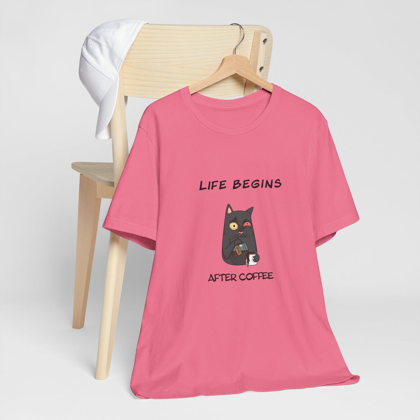 Luna The Cat. Life Begins After Coffee. Unisex Jersey Short Sleeve Tee