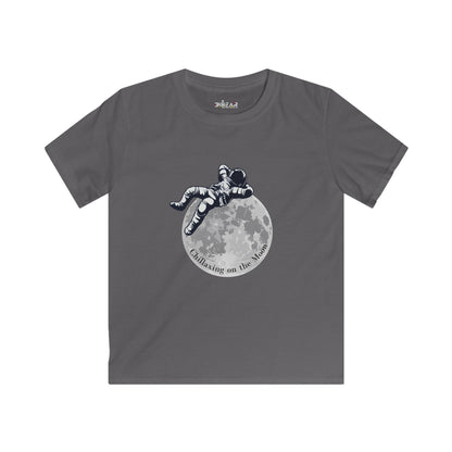 Gray kids shirt with astronaut lounging on the moon graphic and moon kids tee text