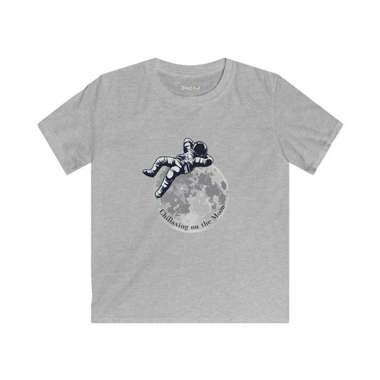 Gray kids moon kids tee with astronaut graphic floating above the moon design by Printify