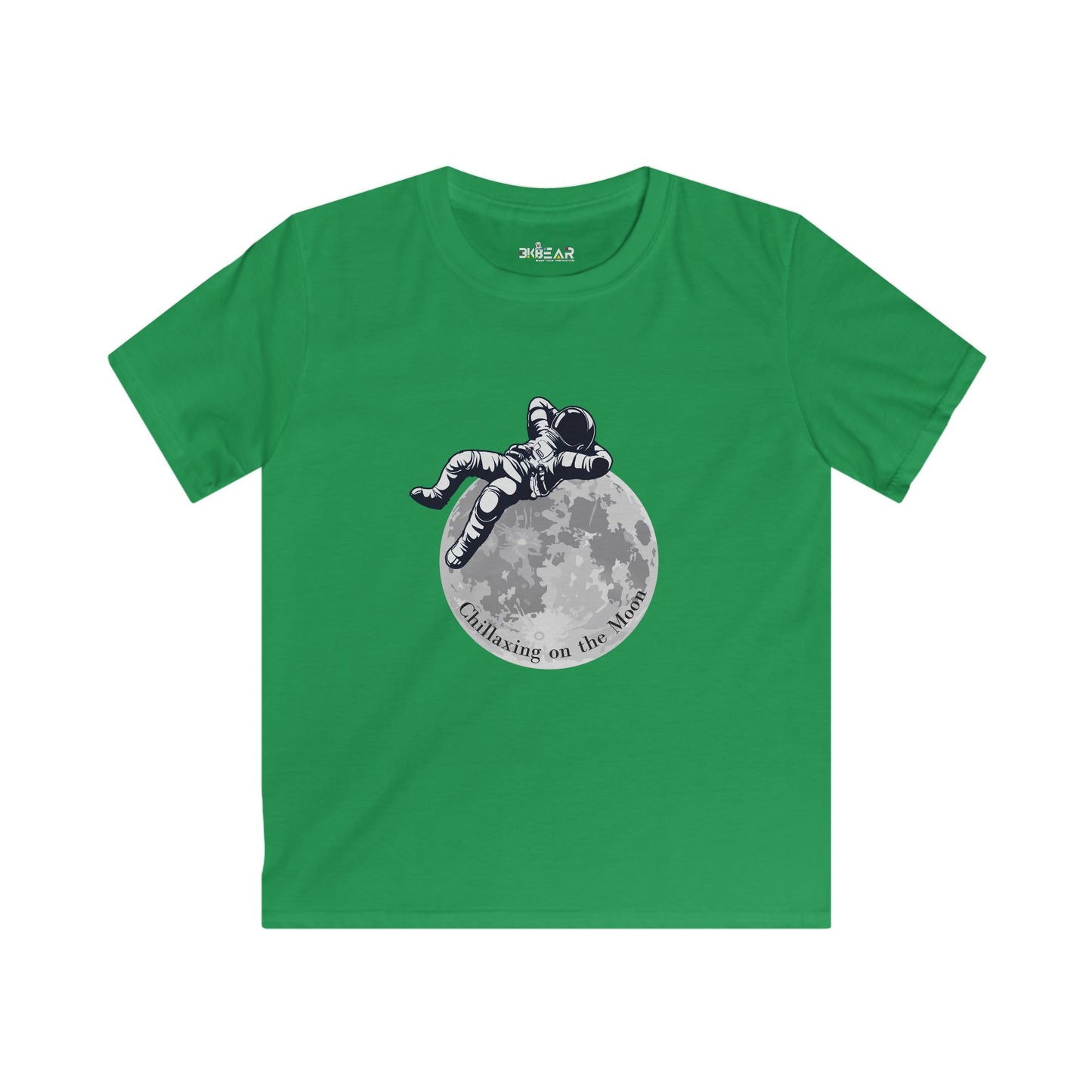 Green kids moon kids tee with astronaut lounging on the moon graphic by Printify