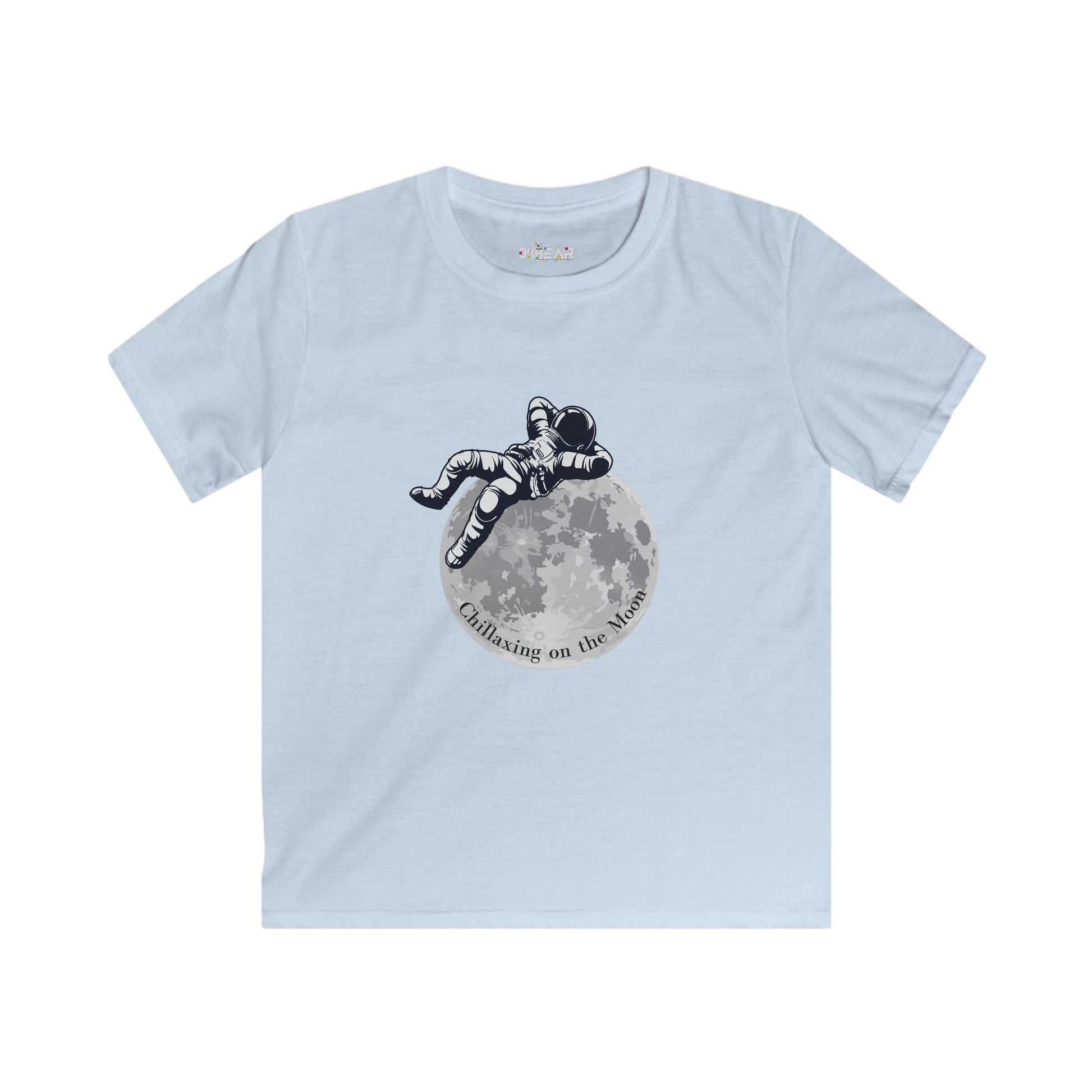 Light blue kids moon kids tee featuring an astronaut relaxing on the moon graphic