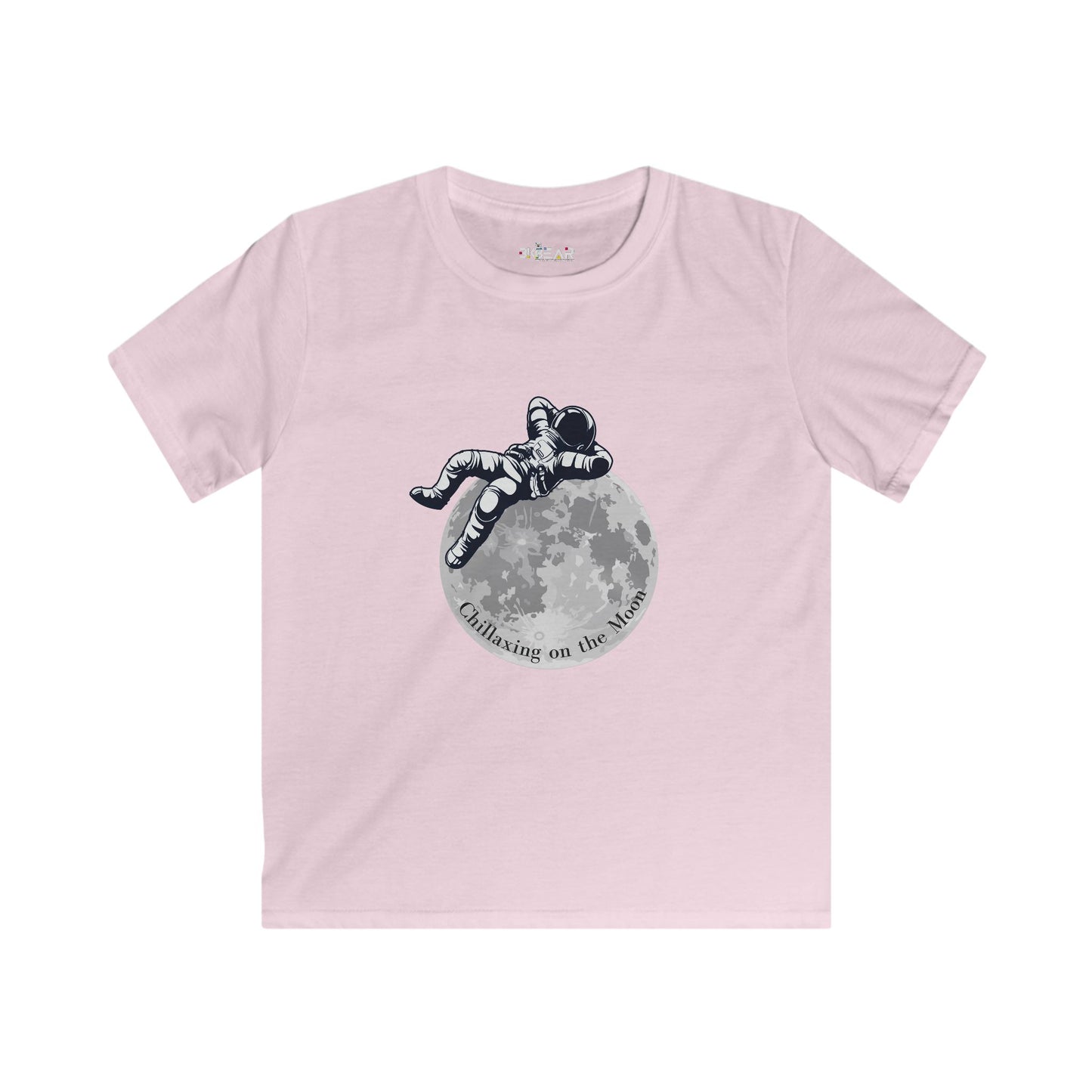 Pink kids moon kids tee with astronaut relaxing on moon graphic by Printify
