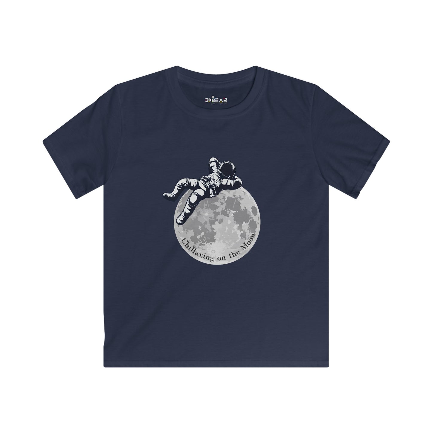 Navy blue kids clothes moon kids tee with astronaut lounging on moon graphic
