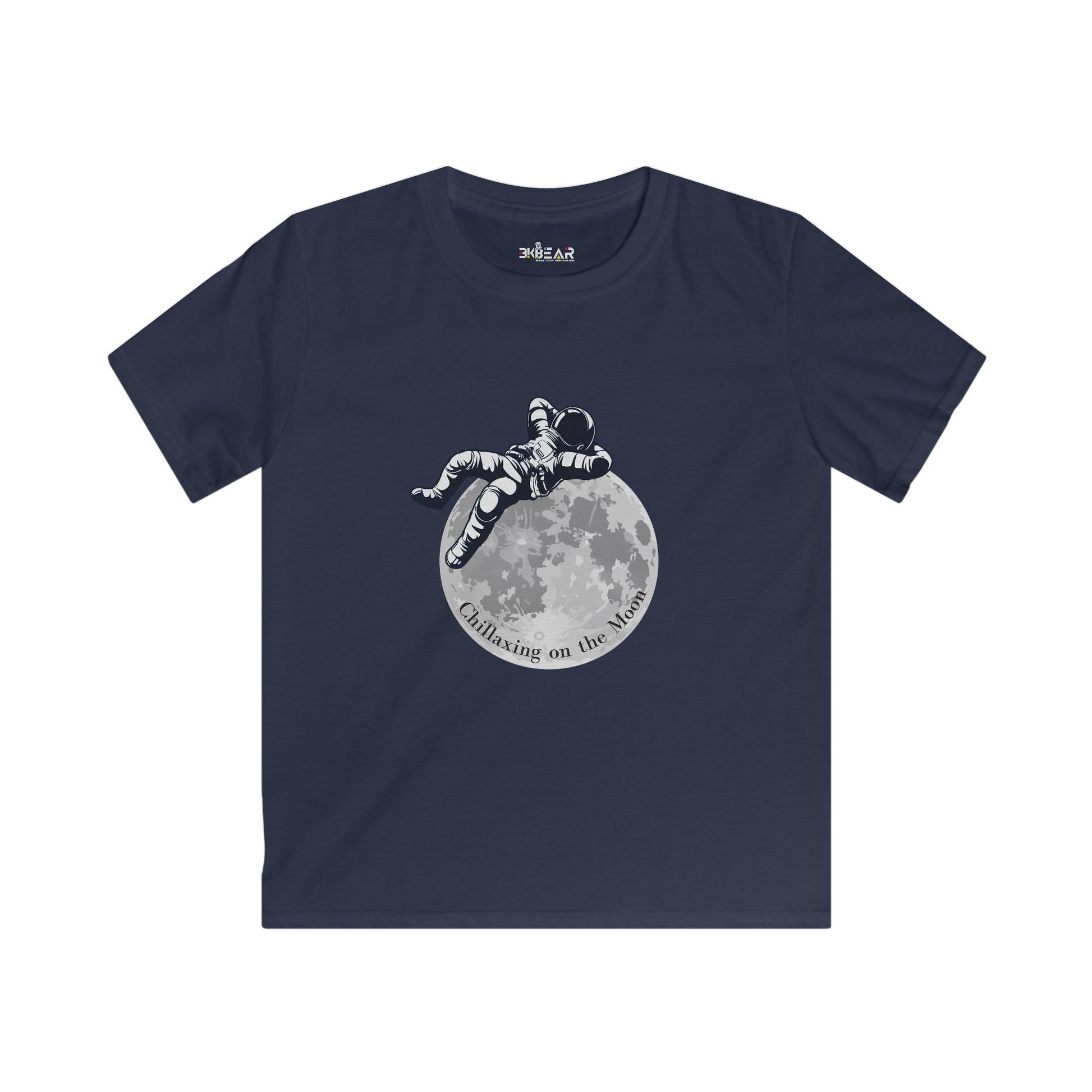 Navy blue kids clothes moon kids tee with astronaut lounging on moon graphic