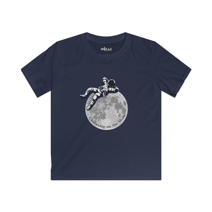 Navy blue kids clothes moon kids tee with astronaut lounging on moon graphic