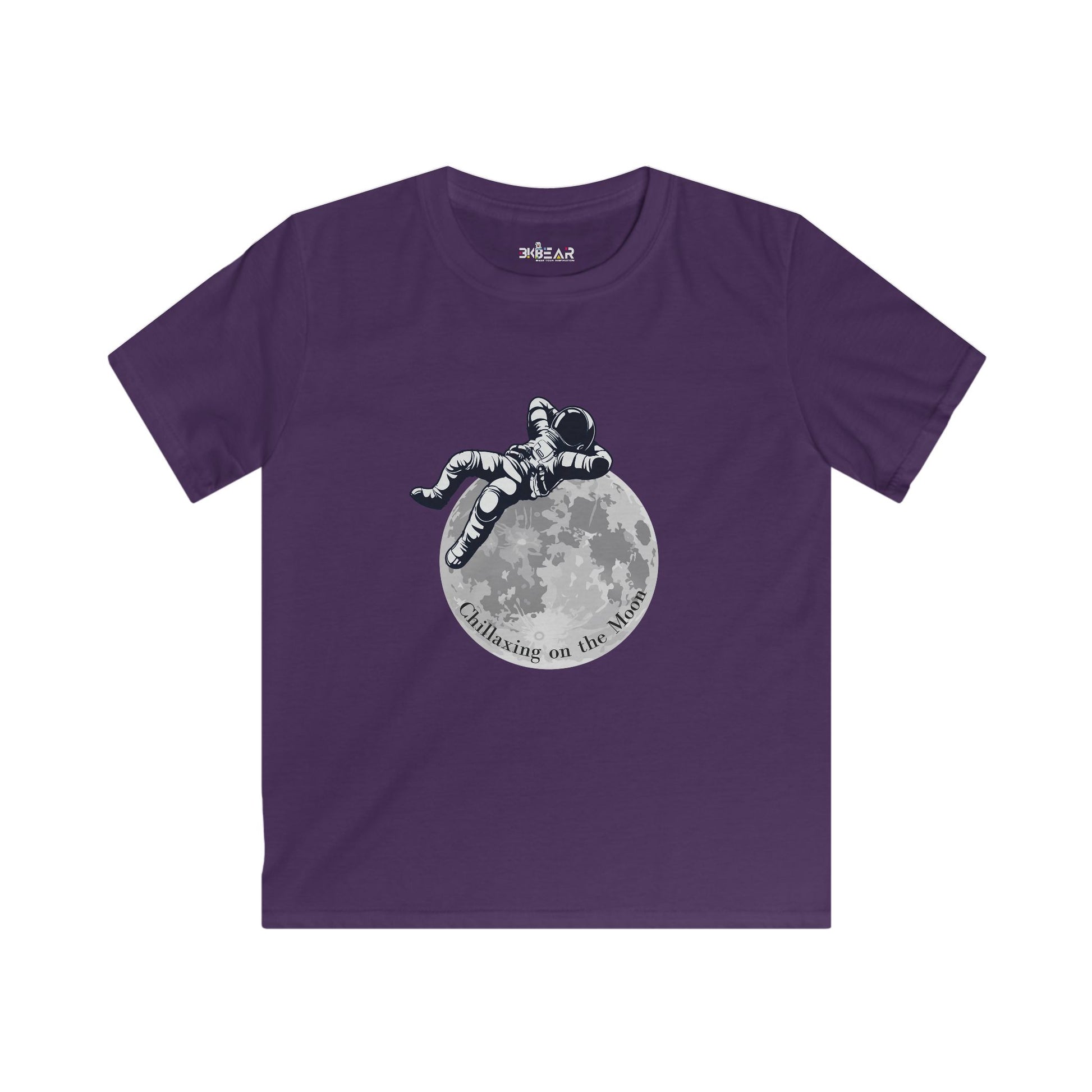 Purple kids t-shirt from Printify featuring an astronaut floating above the moon moon kids tee